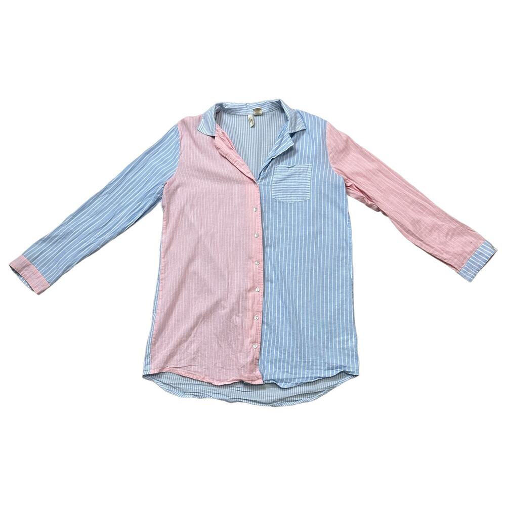 Cynthia Rowley Sleepwear Preppy Pastel Pink Blue Long Sleep Shirt Size Medium